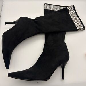 Faux black Suede Pointed Toe Boots 3.5” Stiletto Heel us 7.5 rhinestones bolaro
